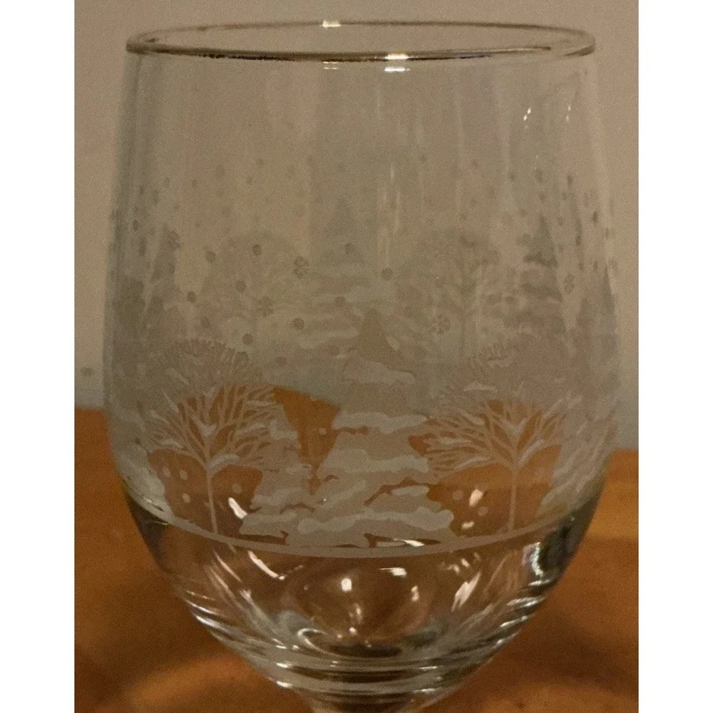 Libbey Winter Scene Set Of 3 Wine Water Glasses Frosted Trees Gold Rims - Picture 3 of 9